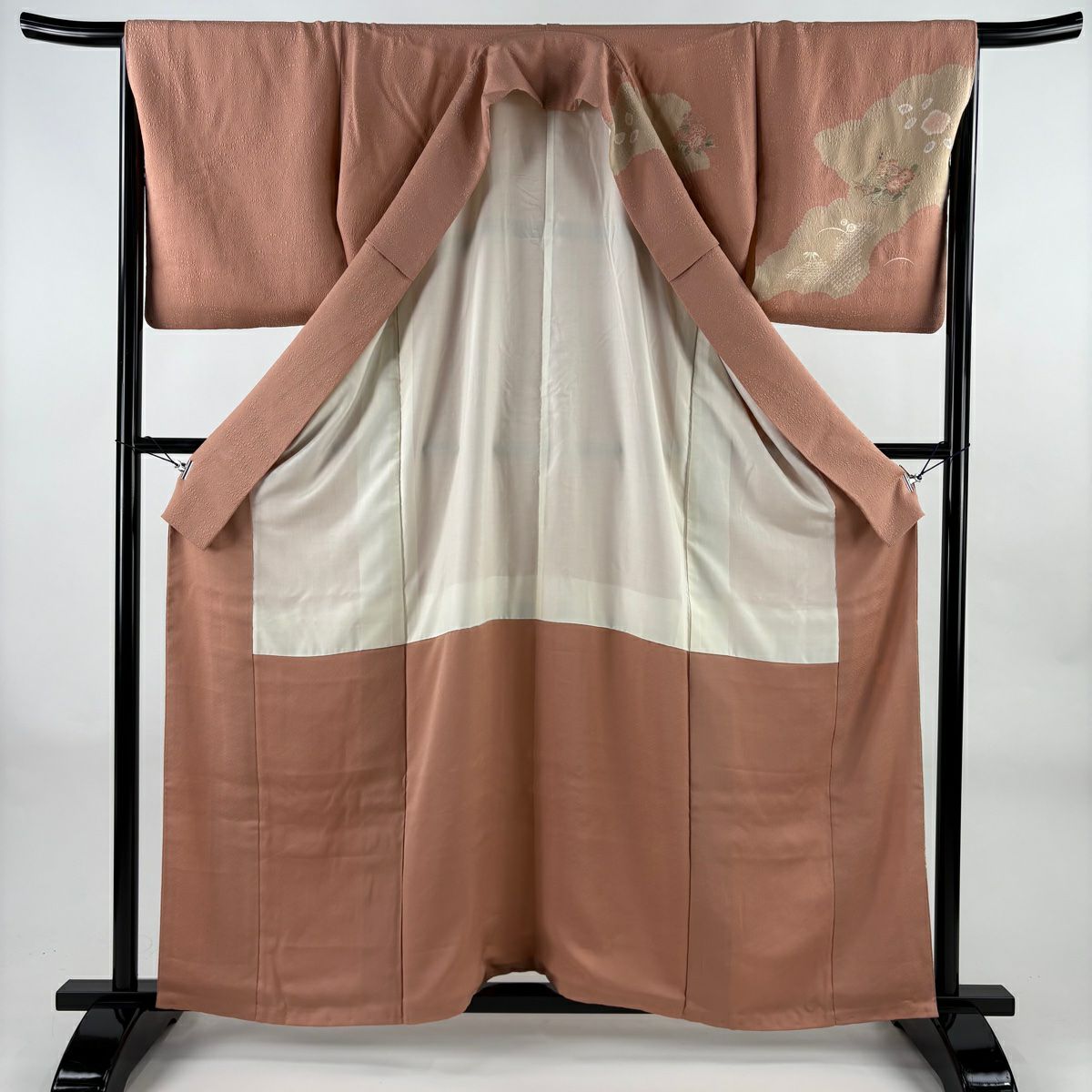 訪問服 身長160cm 袖長65.5cm M 雙層 草花紋紋 雲文 刺繡 絞染 淺粉色 純蠶絲 優品級 一個紋