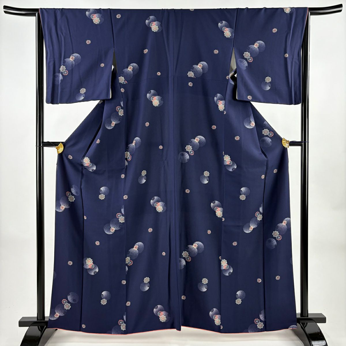 【美品】 小紋 身長162.5cm 袖長64.5cm M 雙層 花 圓文 深藍 純蠶絲 秀品級