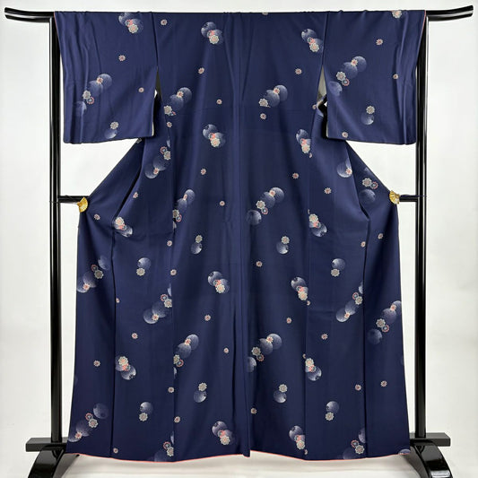 【美品】 小紋 身長162.5cm 袖長64.5cm M 雙層 花 圓文 深藍 純蠶絲 秀品級