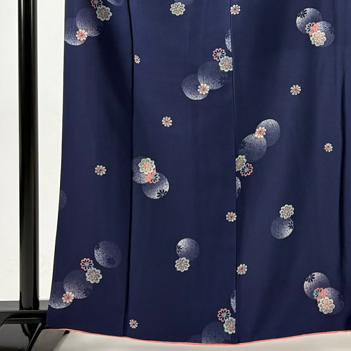 【美品】 小紋 身長162.5cm 袖長64.5cm M 雙層 花 圓文 深藍 純蠶絲 秀品級