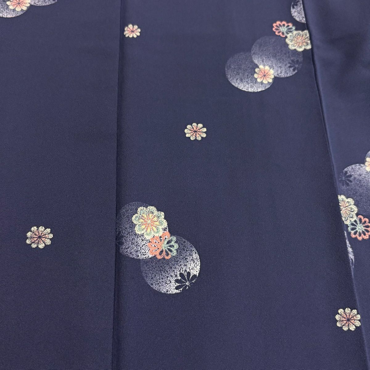 【美品】 小紋 身長162.5cm 袖長64.5cm M 雙層 花 圓文 深藍 純蠶絲 秀品級
