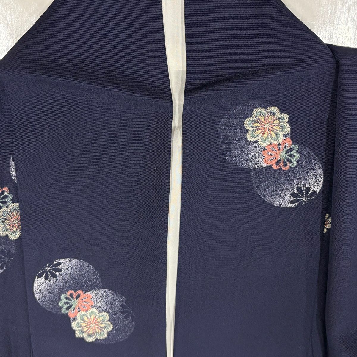 【美品】 小紋 身長162.5cm 袖長64.5cm M 雙層 花 圓文 深藍 純蠶絲 秀品級
