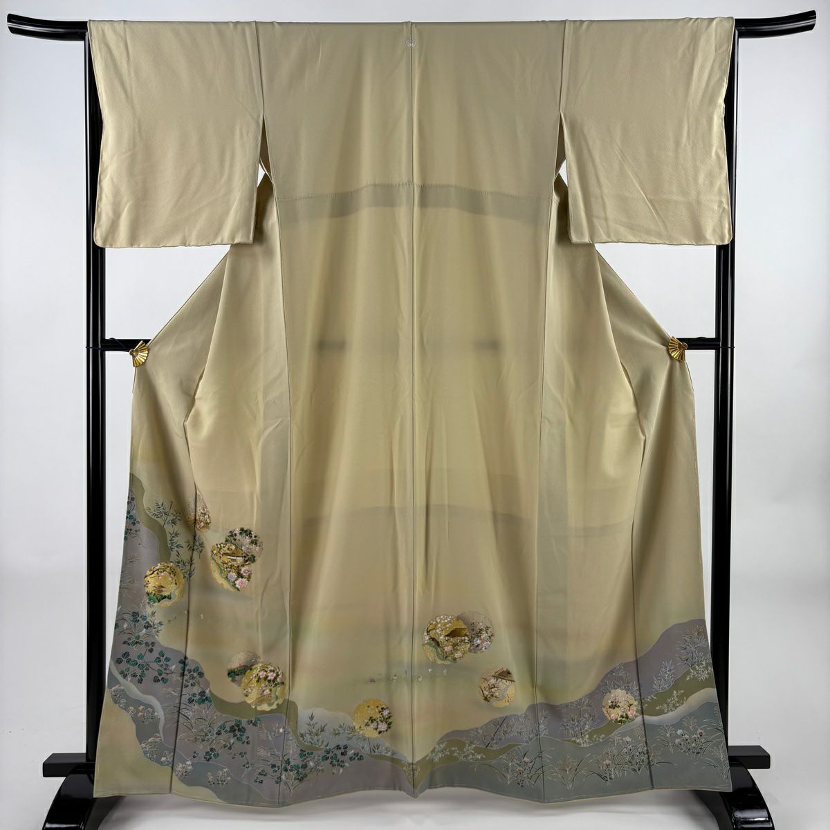 色留袖禮服 身長163cm 袖長66cm M 雙層 雪輪 建物 金銀彩 漸層 米色 純蠶絲 優品級 一個紋