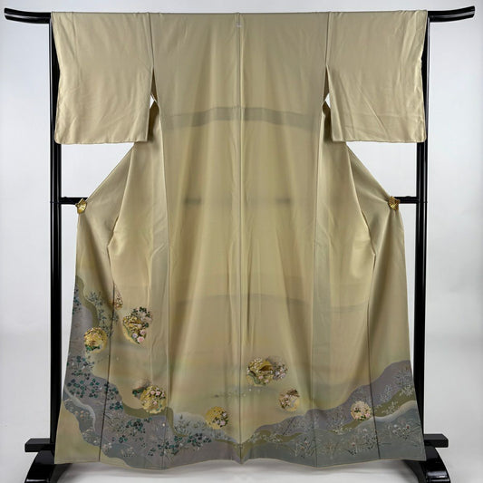 色留袖禮服 身長163cm 袖長66cm M 雙層 雪輪 建物 金銀彩 漸層 米色 純蠶絲 優品級 一個紋