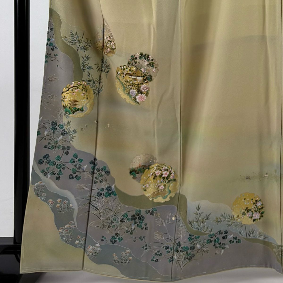 色留袖禮服 身長163cm 袖長66cm M 雙層 雪輪 建物 金銀彩 漸層 米色 純蠶絲 優品級 一個紋