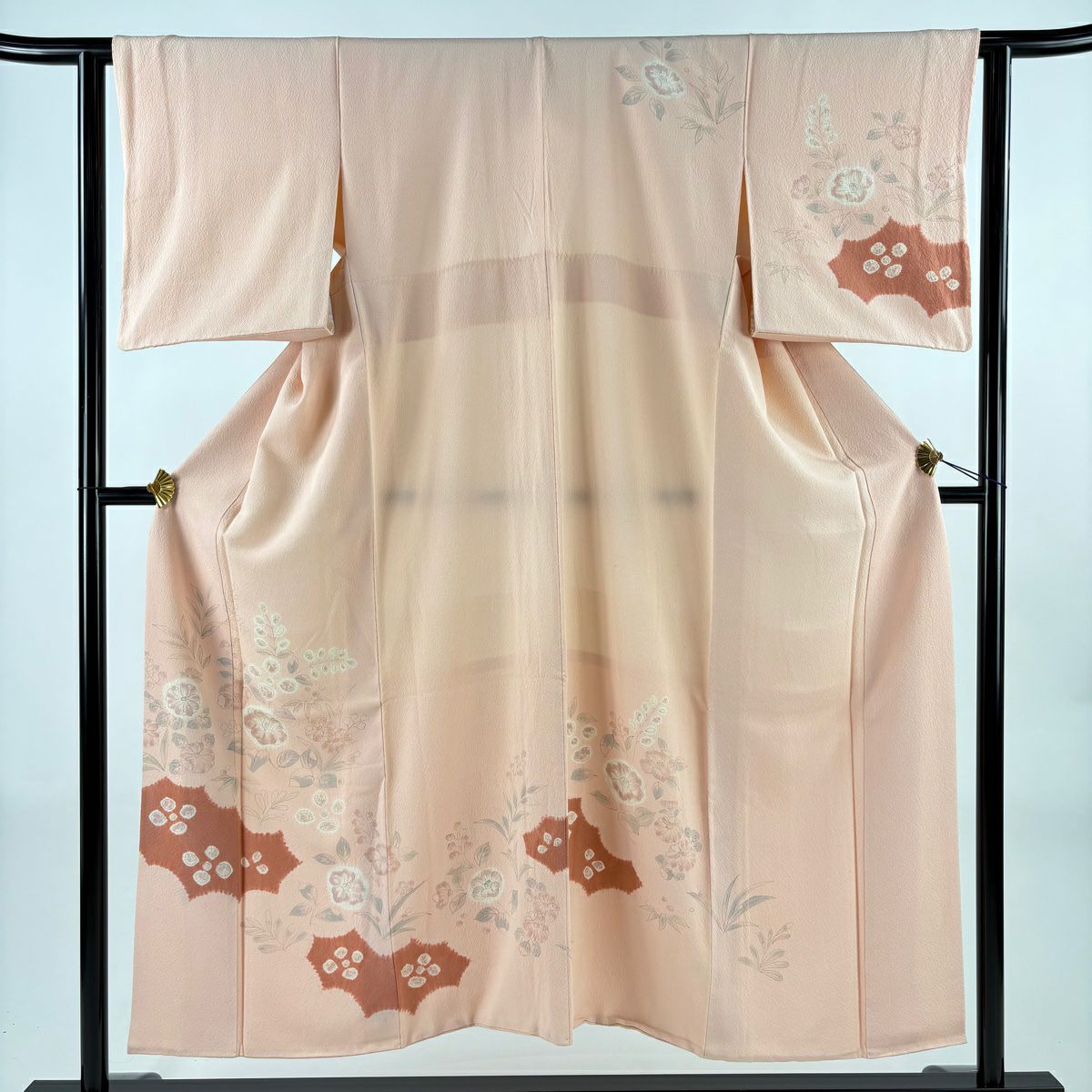 訪問服 身長150.5cm 袖長62cm S 雙層 ますいわ屋 椿 草花紋紋 絞染 ちりめん 粉紅 純蠶絲 秀品級