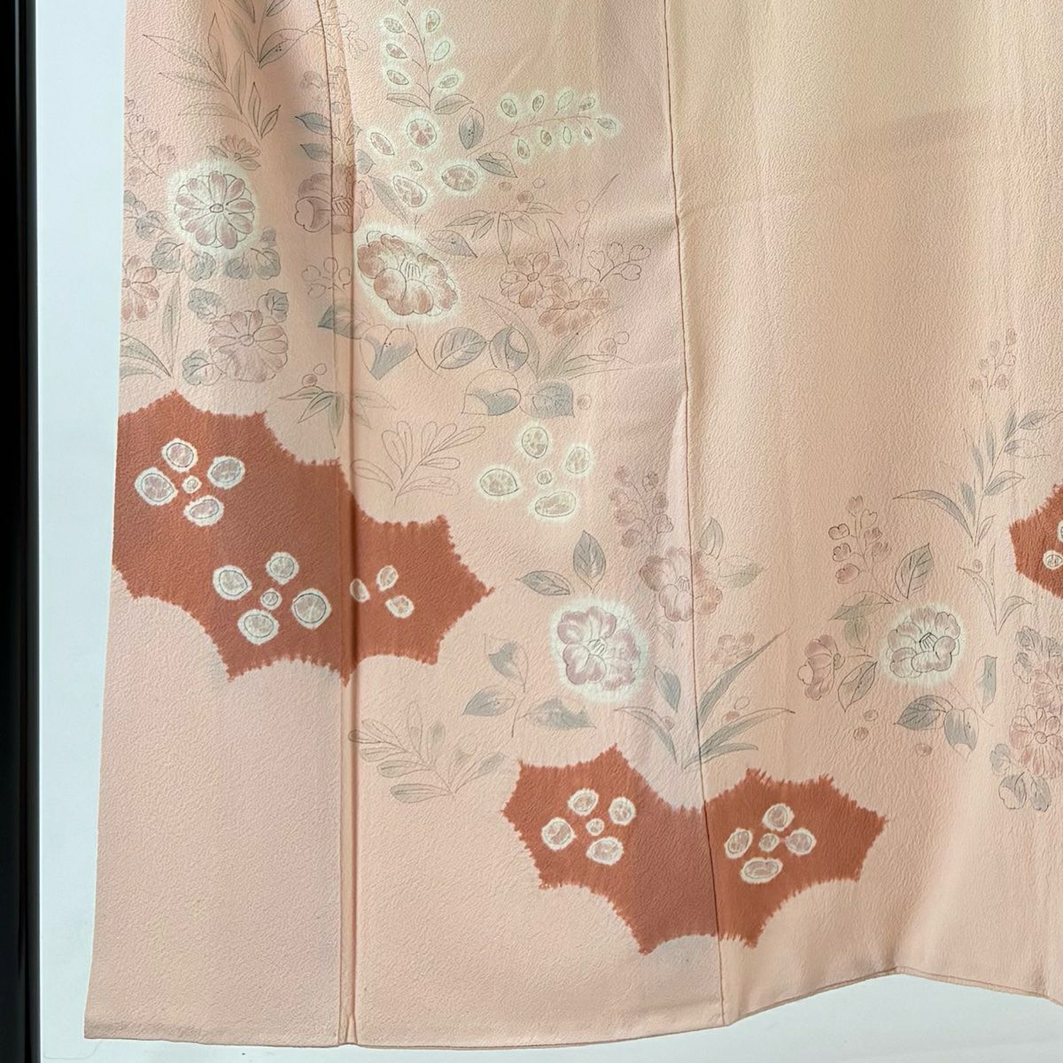 訪問服 身長150.5cm 袖長62cm S 雙層 ますいわ屋 椿 草花紋紋 絞染 ちりめん 粉紅 純蠶絲 秀品級