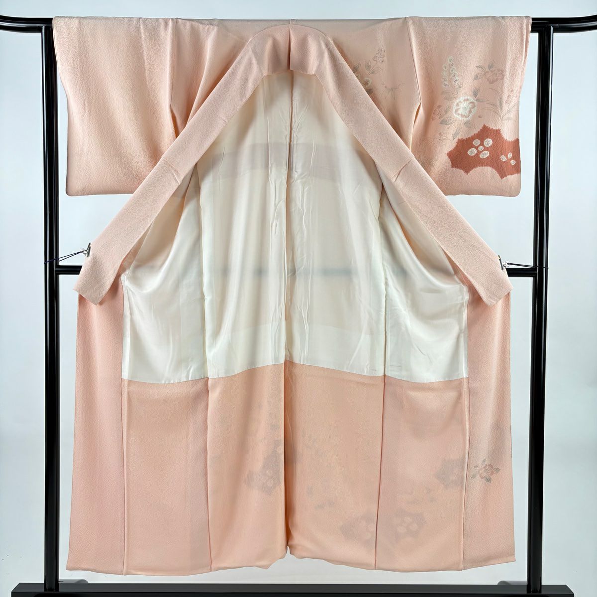 訪問服 身長150.5cm 袖長62cm S 雙層 ますいわ屋 椿 草花紋紋 絞染 ちりめん 粉紅 純蠶絲 秀品級