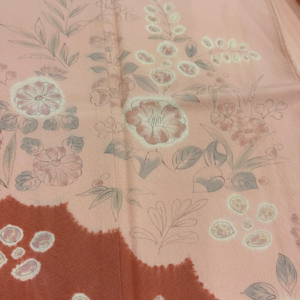 訪問服 身長150.5cm 袖長62cm S 雙層 ますいわ屋 椿 草花紋紋 絞染 ちりめん 粉紅 純蠶絲 秀品級