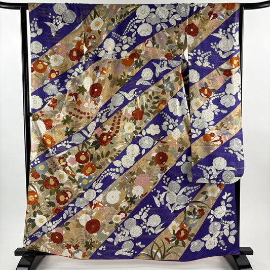 振袖禮服 身長162cm 袖長63.5cm S 雙層 草花紋 辻花染 金絲 金銀彩 淺茶 純蠶絲 優品級