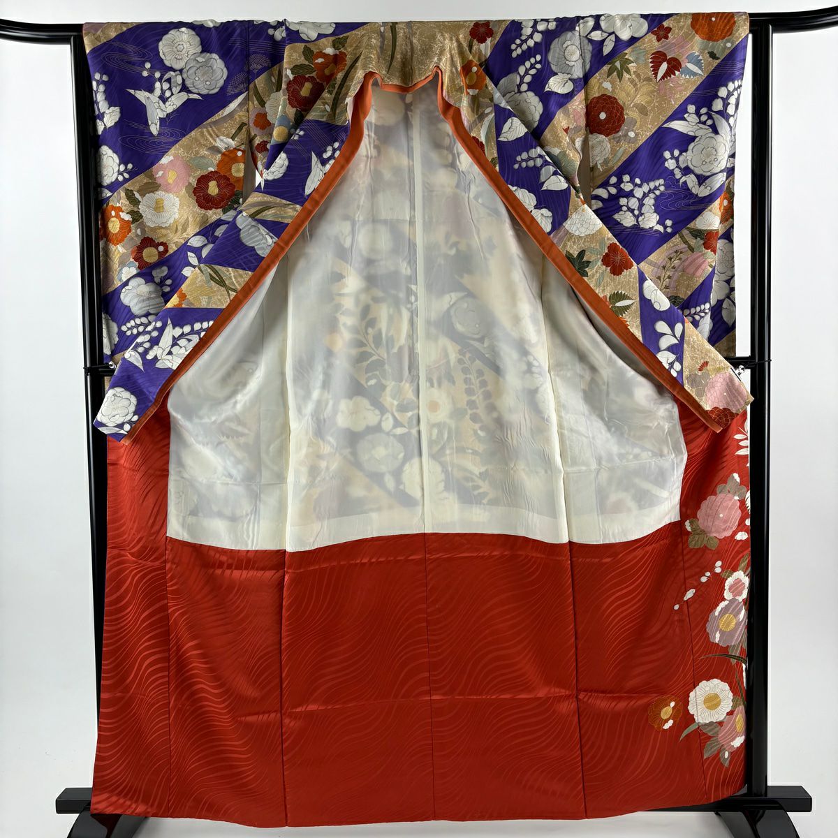 振袖禮服 身長162cm 袖長63.5cm S 雙層 草花紋 辻花染 金絲 金銀彩 淺茶 純蠶絲 優品級