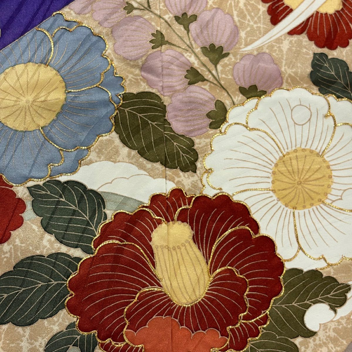 振袖禮服 身長162cm 袖長63.5cm S 雙層 草花紋 辻花染 金絲 金銀彩 淺茶 純蠶絲 優品級