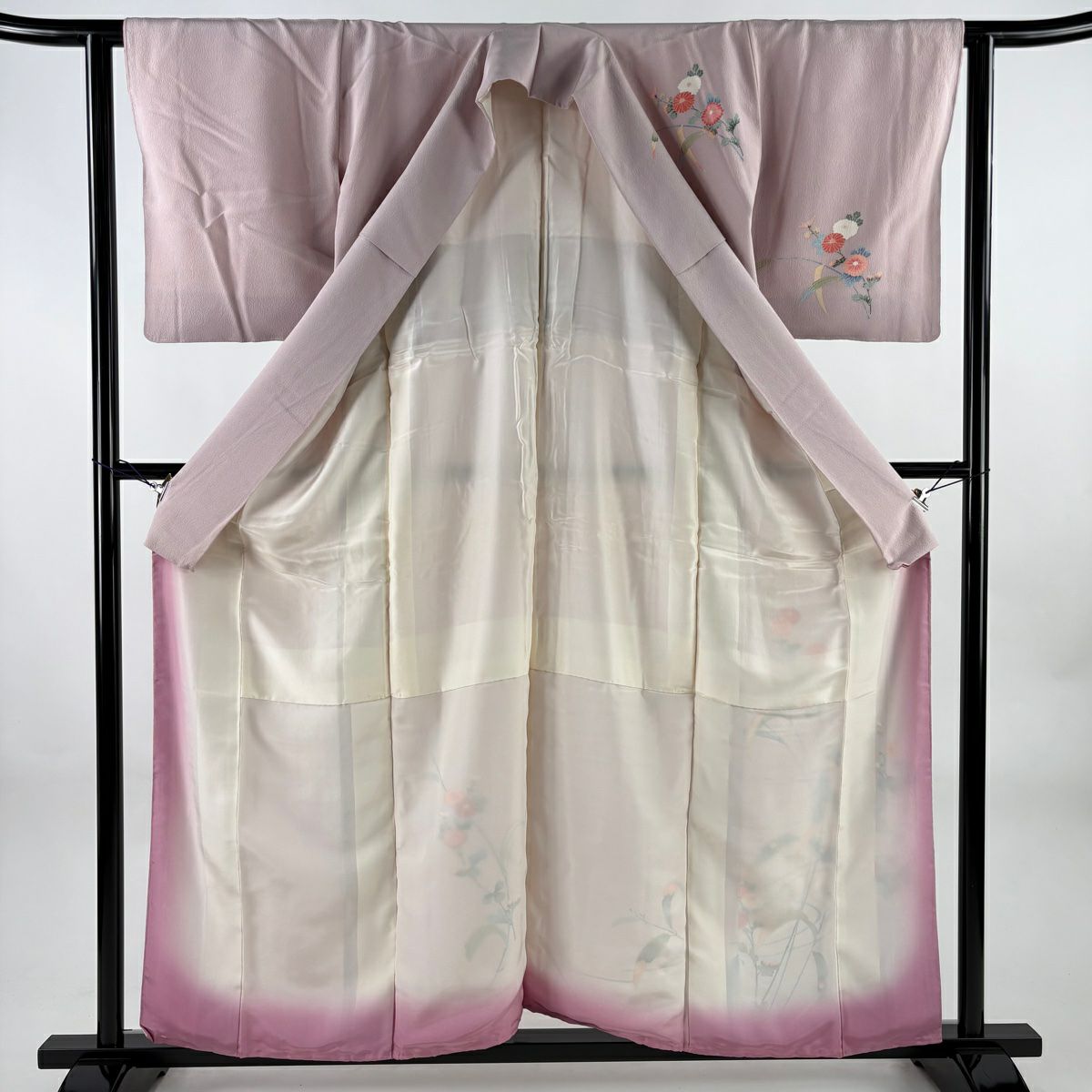 訪問服 身長158cm 袖長61cm S 雙層 菊花 流水 染分 薄紫 純蠶絲 秀品級