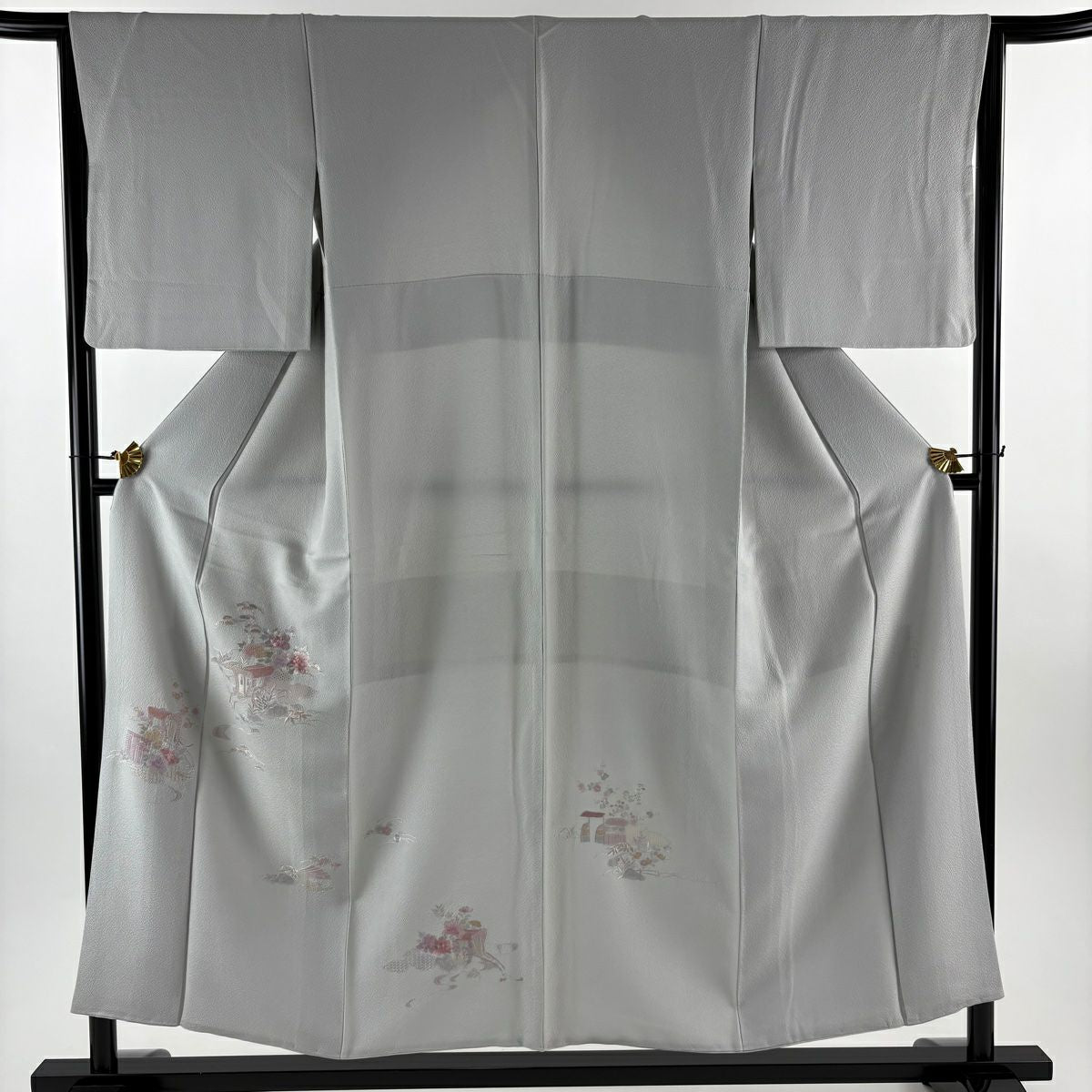 付下 身長153.5cm 袖長64.5cm M 雙層 御所車 草花紋刺繡 灰 純蠶絲 秀品級