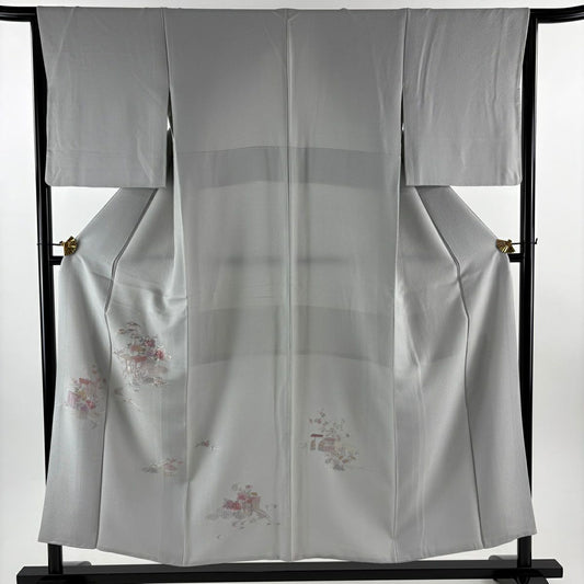 付下 身長153.5cm 袖長64.5cm M 雙層 御所車 草花紋刺繡 灰 純蠶絲 秀品級