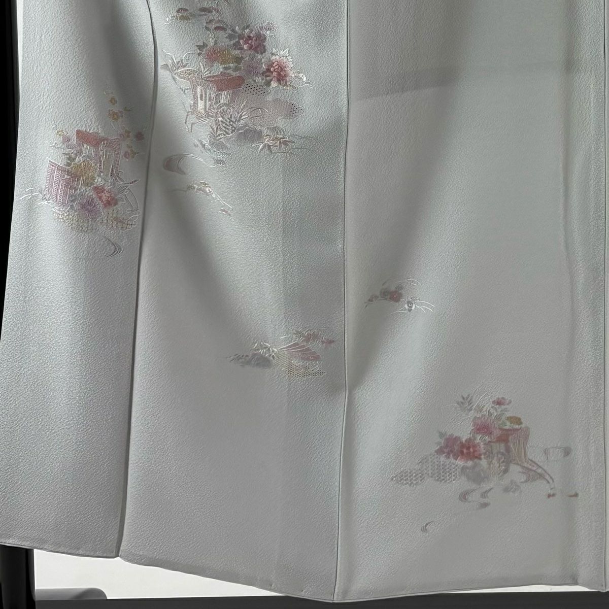 付下 身長153.5cm 袖長64.5cm M 雙層 御所車 草花紋刺繡 灰 純蠶絲 秀品級