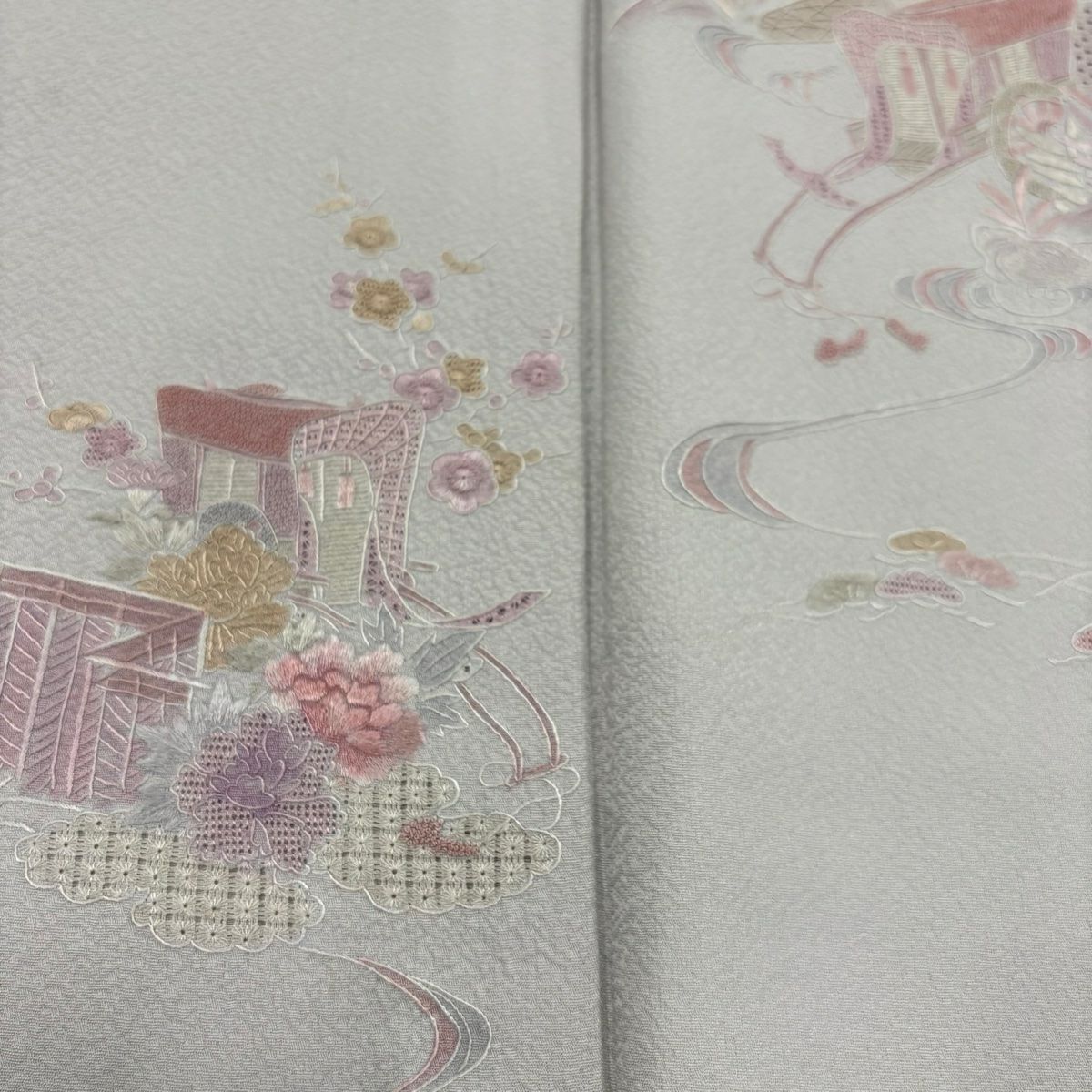 付下 身長153.5cm 袖長64.5cm M 雙層 御所車 草花紋刺繡 灰 純蠶絲 秀品級