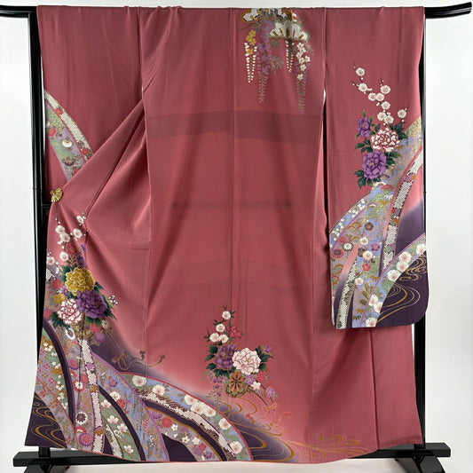 振袖禮服 身長158.5cm 袖長68cm L 雙層 鈴乃屋 花車 流水 金彩裝飾 漸層 粉紅 純蠶絲 優品級