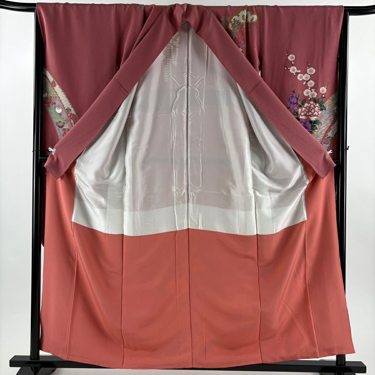 振袖禮服 身長158.5cm 袖長68cm L 雙層 鈴乃屋 花車 流水 金彩裝飾 漸層 粉紅 純蠶絲 優品級