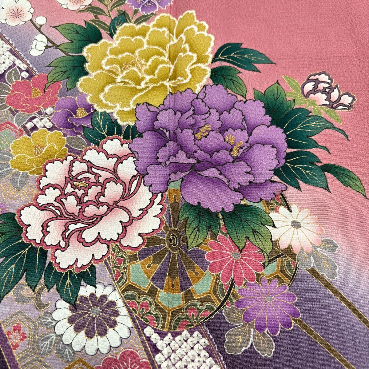 振袖禮服 身長158.5cm 袖長68cm L 雙層 鈴乃屋 花車 流水 金彩裝飾 漸層 粉紅 純蠶絲 優品級