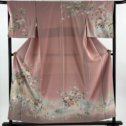 訪問服 身長156.5cm 袖長66cm M 雙層 草花紋紋 松樹梅花 金銀彩 漸層 粉紅 純蠶絲 優品級