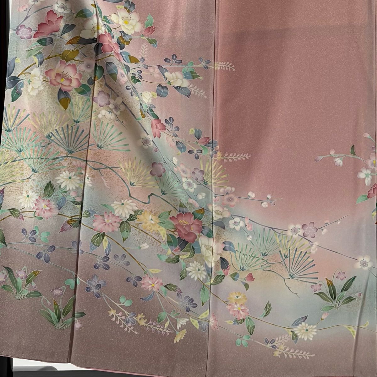 訪問服 身長156.5cm 袖長66cm M 雙層 草花紋紋 松樹梅花 金銀彩 漸層 粉紅 純蠶絲 優品級