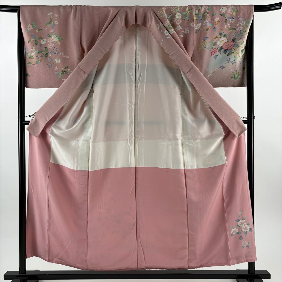 訪問服 身長156.5cm 袖長66cm M 雙層 草花紋紋 松樹梅花 金銀彩 漸層 粉紅 純蠶絲 優品級