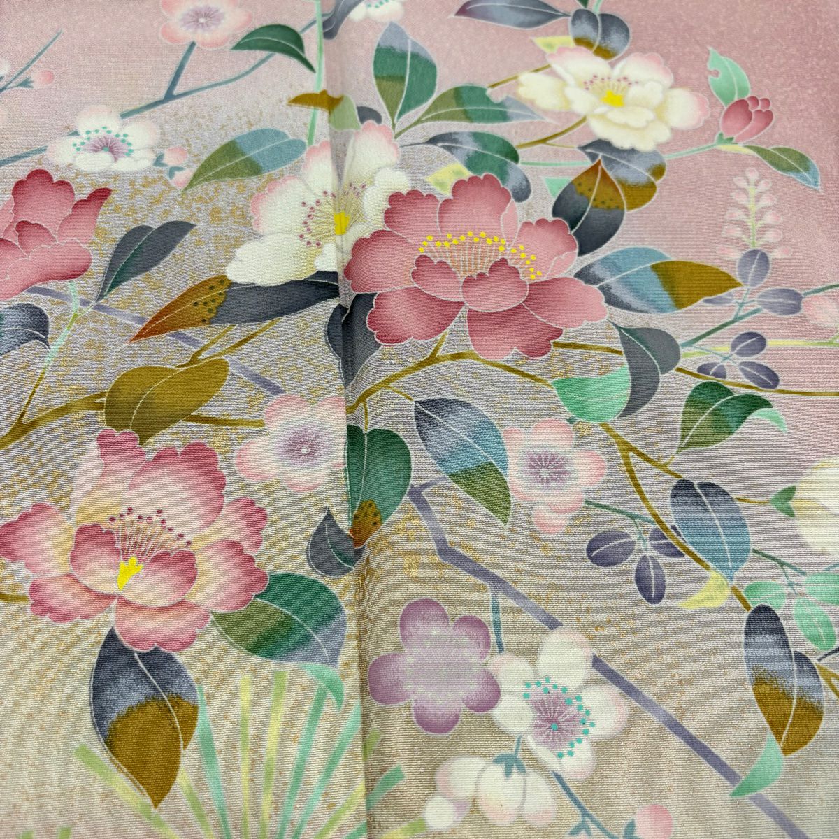 訪問服 身長156.5cm 袖長66cm M 雙層 草花紋紋 松樹梅花 金銀彩 漸層 粉紅 純蠶絲 優品級
