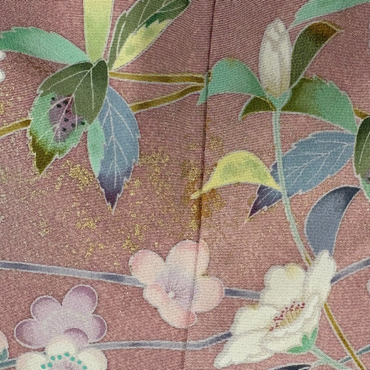 訪問服 身長156.5cm 袖長66cm M 雙層 草花紋紋 松樹梅花 金銀彩 漸層 粉紅 純蠶絲 優品級