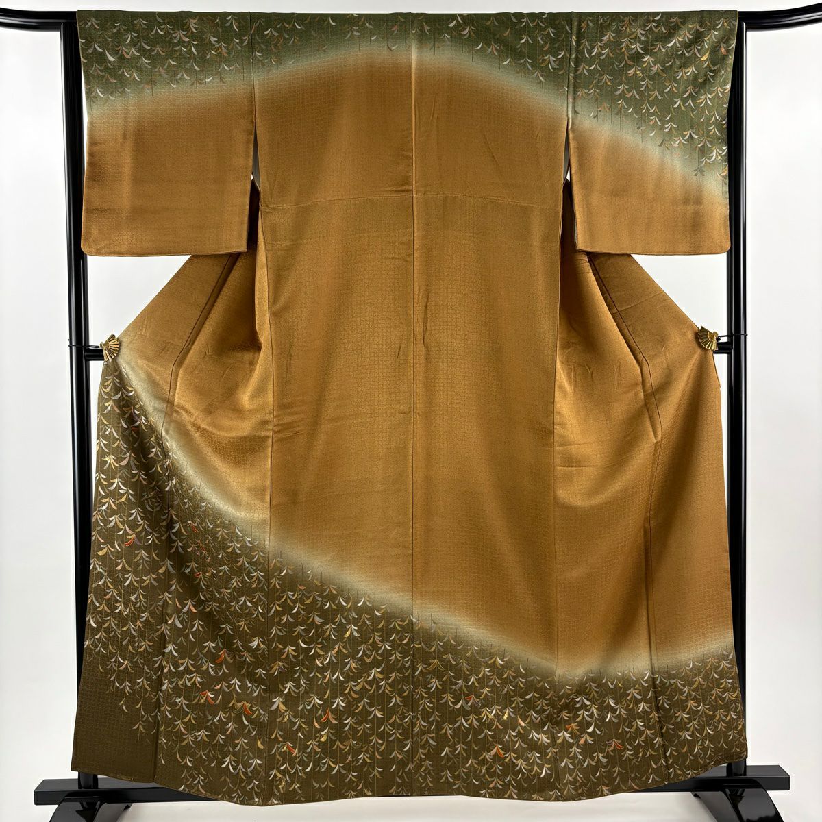 【美品】訪問服 身長159cm 袖長63.5cm S 雙層 葉柄 金糸 刺繡 山吹茶 純蠶絲 秀品級