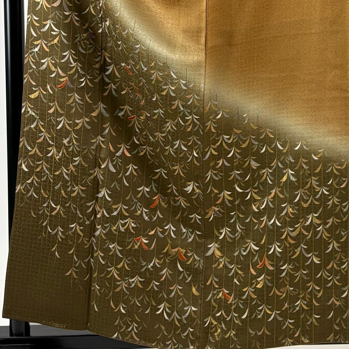 【美品】訪問服 身長159cm 袖長63.5cm S 雙層 葉柄 金糸 刺繡 山吹茶 純蠶絲 秀品級