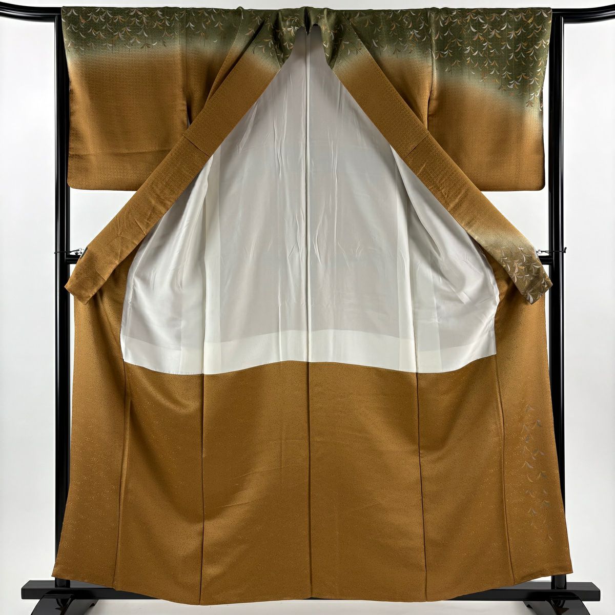 【美品】訪問服 身長159cm 袖長63.5cm S 雙層 葉柄 金糸 刺繡 山吹茶 純蠶絲 秀品級