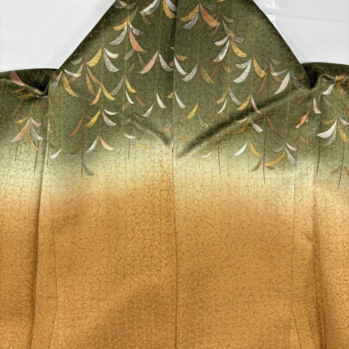 【美品】訪問服 身長159cm 袖長63.5cm S 雙層 葉柄 金糸 刺繡 山吹茶 純蠶絲 秀品級