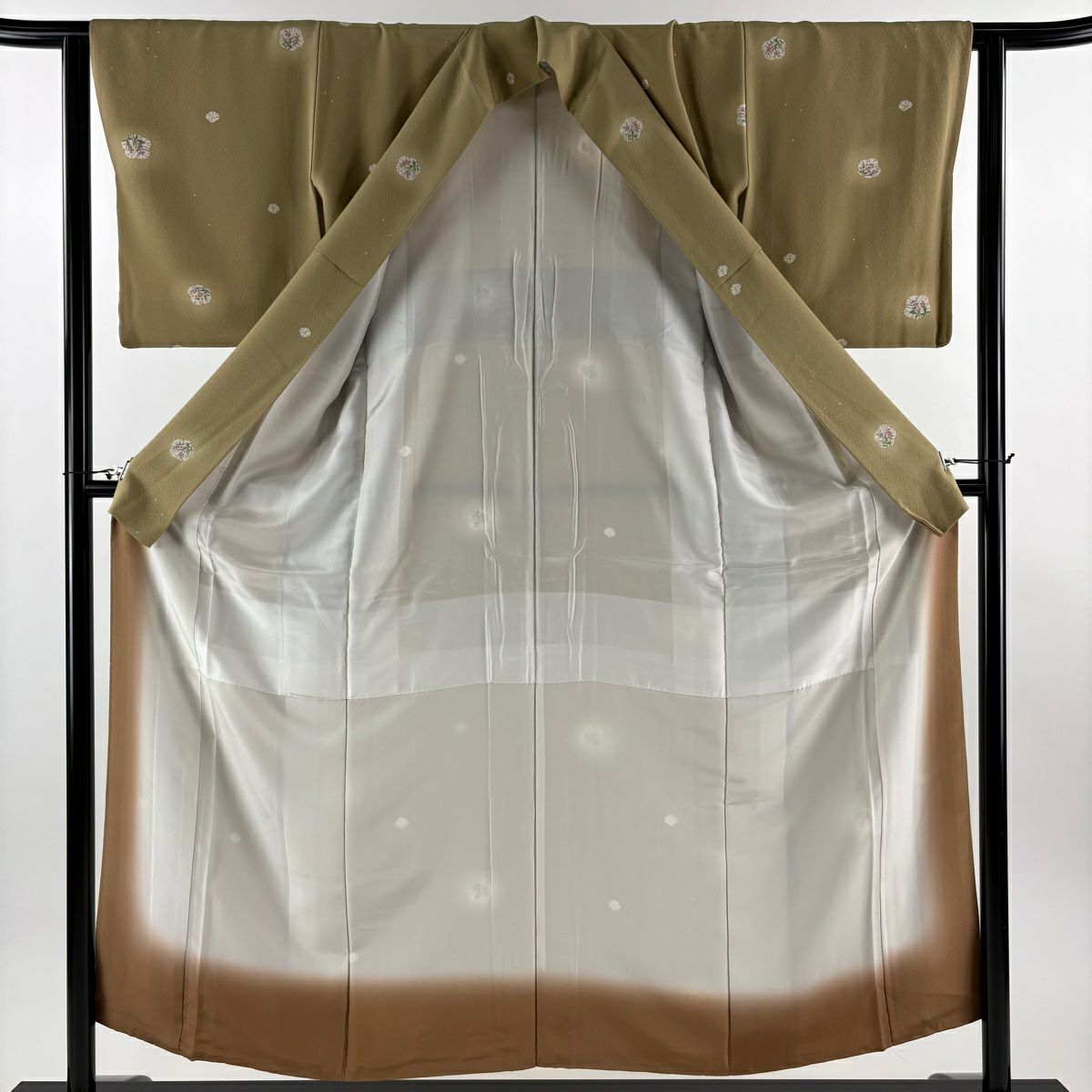 【美品】 小紋 身長154cm 袖長62cm S 雙層 草花紋紋 漸層 薄茶 純蠶絲 優品級