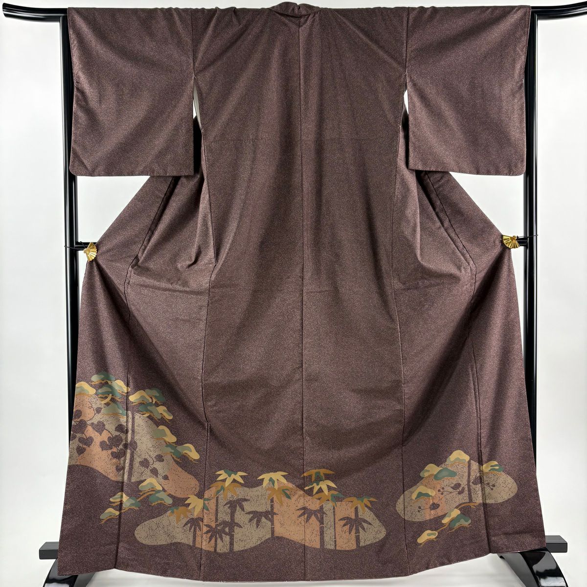 【美品】訪問服 身長167cm 袖長65.5cm M 雙層 紬織織 松樹 竹子 茶紫 純蠶絲 秀品級