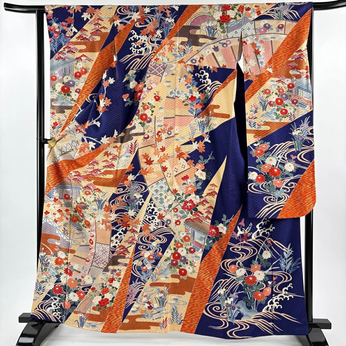 振袖禮服 身長164cm 袖長63cm S 雙層 建物 菊花 金絲 金銀彩 青紫 純蠶絲 秀品級