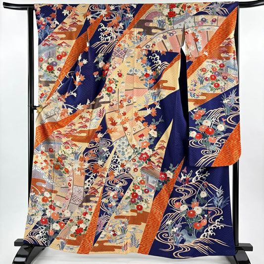 振袖禮服 身長164cm 袖長63cm S 雙層 建物 菊花 金絲 金銀彩 青紫 純蠶絲 秀品級