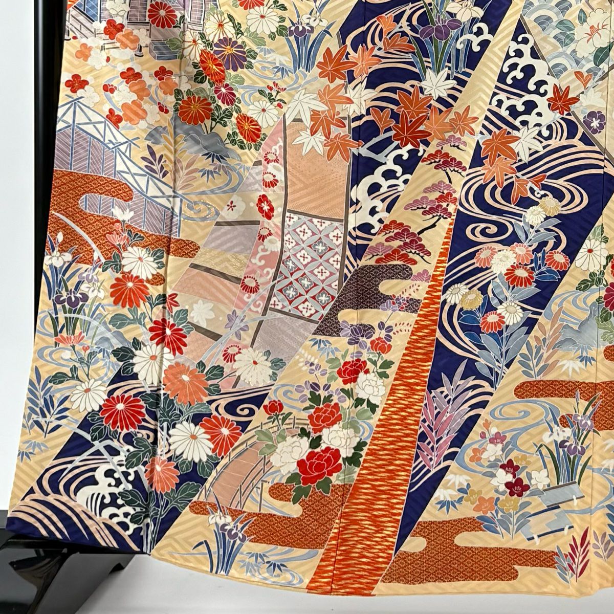 振袖禮服 身長164cm 袖長63cm S 雙層 建物 菊花 金絲 金銀彩 青紫 純蠶絲 秀品級