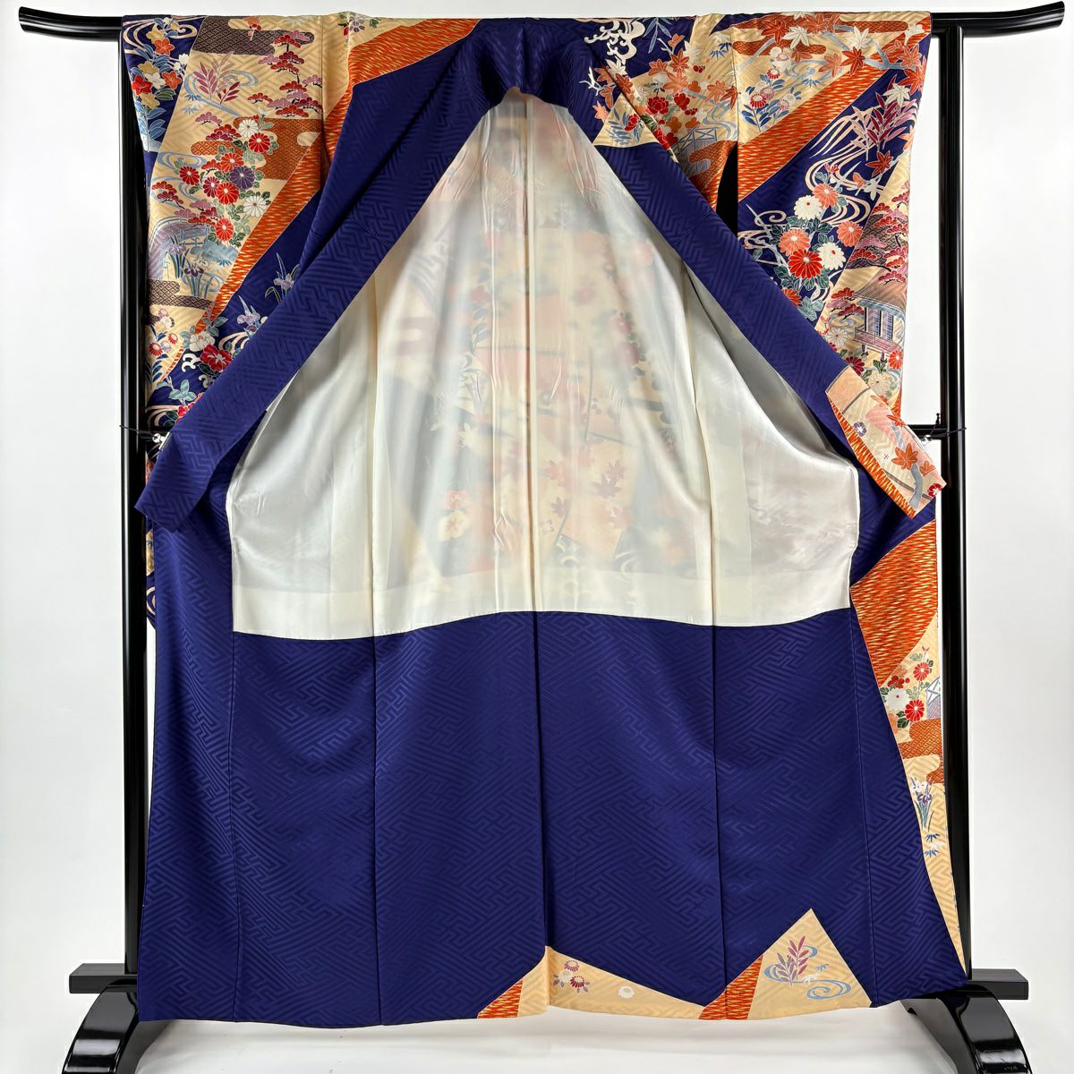 振袖禮服 身長164cm 袖長63cm S 雙層 建物 菊花 金絲 金銀彩 青紫 純蠶絲 秀品級