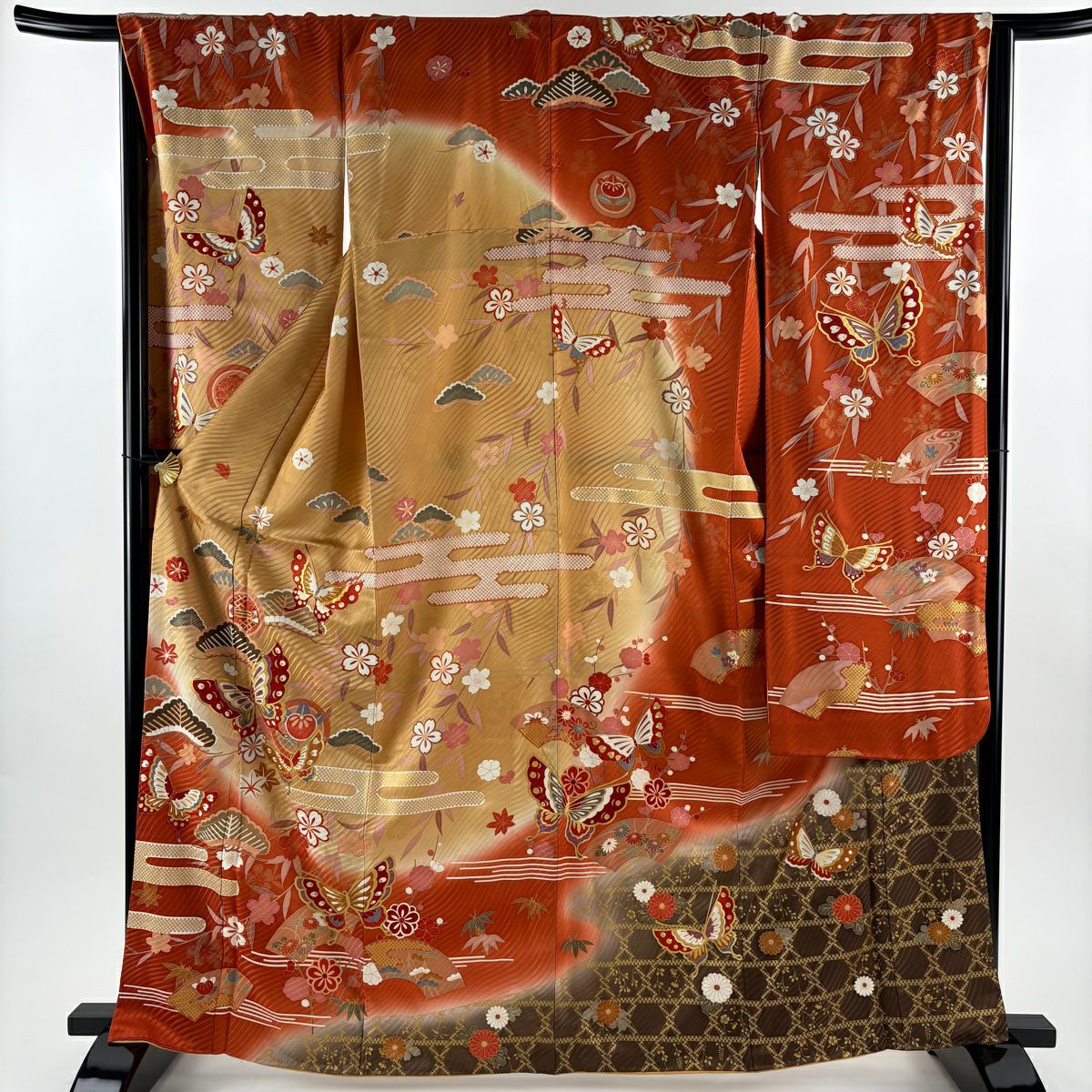 【美品】振袖禮服 身長163.5cm 袖長67cm M 雙層 蝶 松樹竹子梅花 金銀彩 染分 薄茶 純蠶絲 秀品級