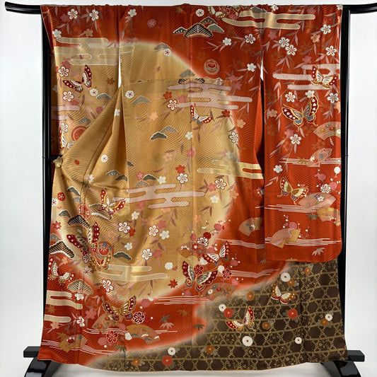 【美品】振袖禮服 身長163.5cm 袖長67cm M 雙層 蝶 松樹竹子梅花 金銀彩 染分 薄茶 純蠶絲 秀品級
