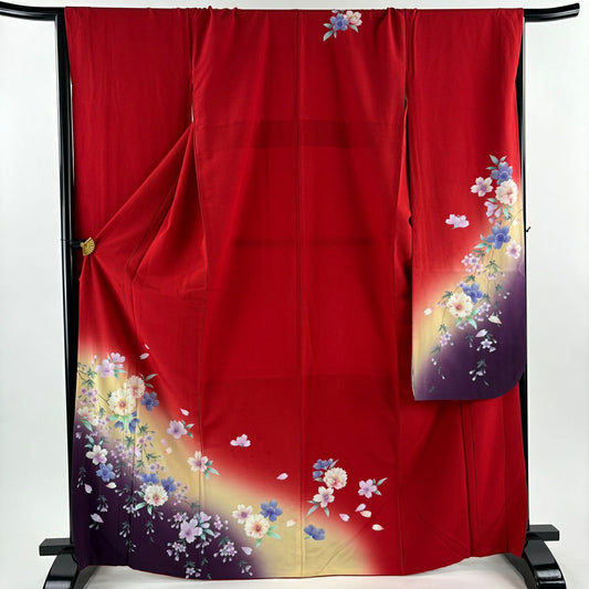 振袖禮服 身長167cm 袖長68cm L 雙層 櫻花花瓣 漸層紅 純蠶絲 優品級