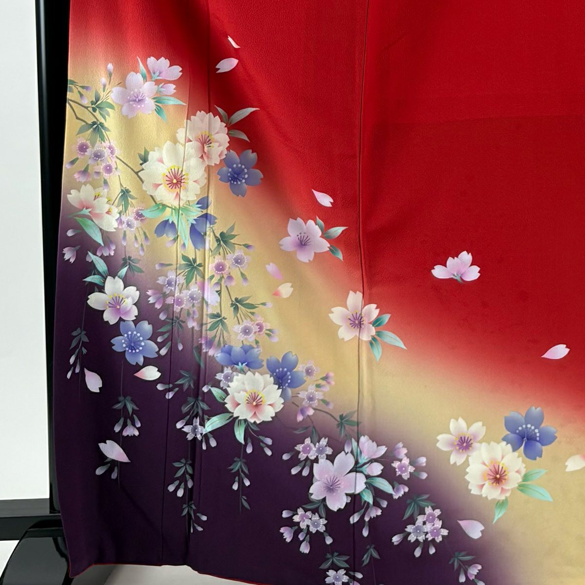 振袖禮服 身長167cm 袖長68cm L 雙層 櫻花花瓣 漸層紅 純蠶絲 優品級
