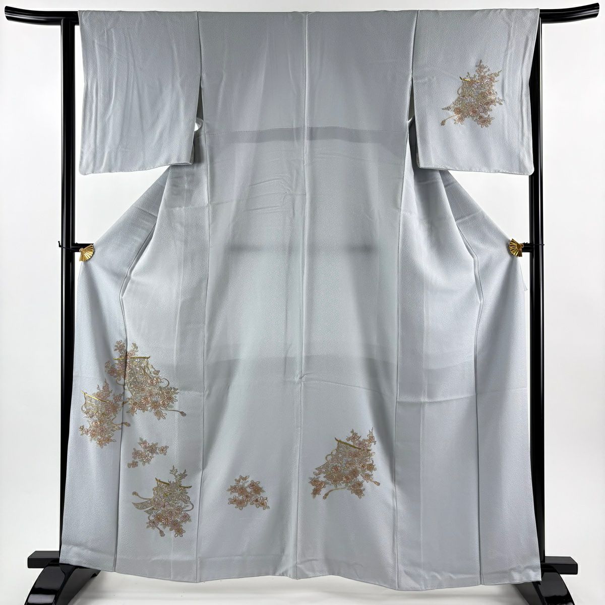 付下 身長163cm 袖長64.5cm M 雙層 幾帳 草花紋紋 刺繡 金絲 青灰色 純蠶絲 秀品級