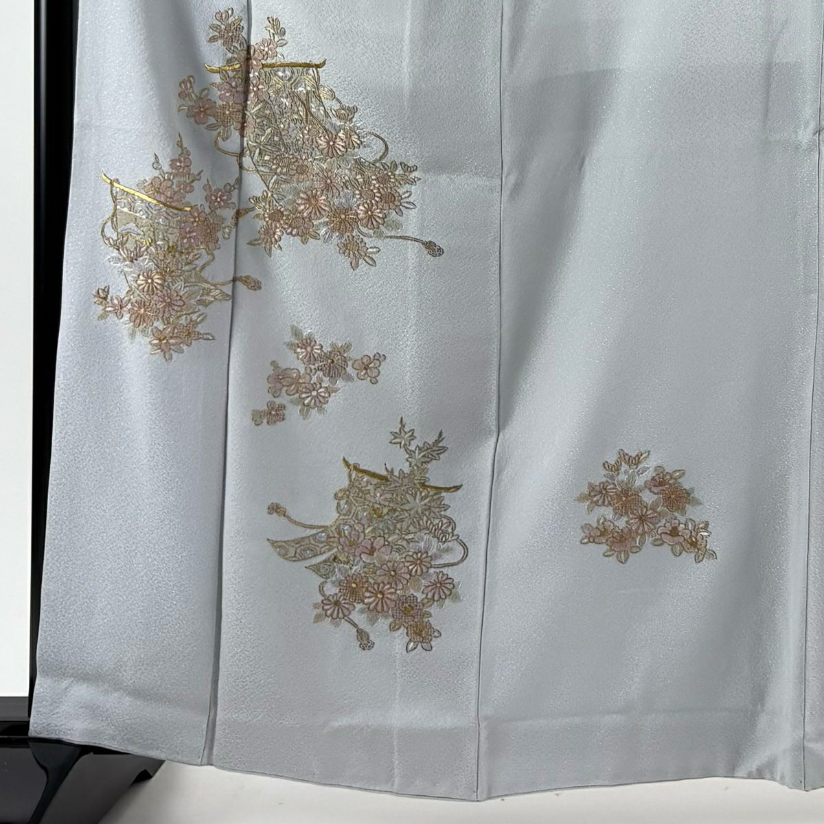 付下 身長163cm 袖長64.5cm M 雙層 幾帳 草花紋紋 刺繡 金絲 青灰色 純蠶絲 秀品級