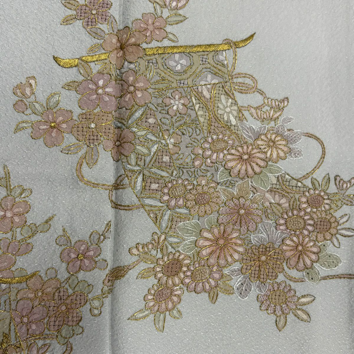 付下 身長163cm 袖長64.5cm M 雙層 幾帳 草花紋紋 刺繡 金絲 青灰色 純蠶絲 秀品級