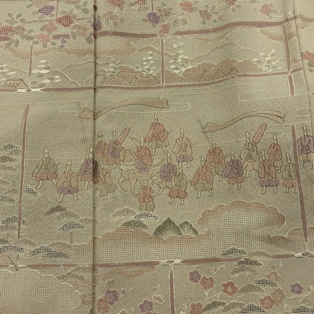 付下 身長156cm 袖長62cm S 雙層 風景 人物 刺繡 金線 灰茶 純蠶絲 秀品級 一個紋
