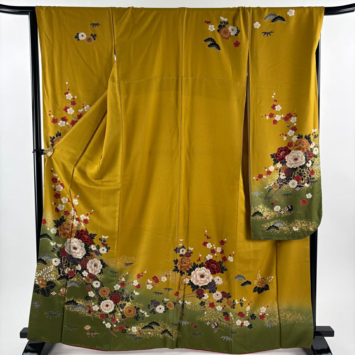 振袖禮服 身長165.5cm 袖長67cm M 雙層 花車 寶盡くし 金銀彩 漸層 山吹 純蠶絲 優品級