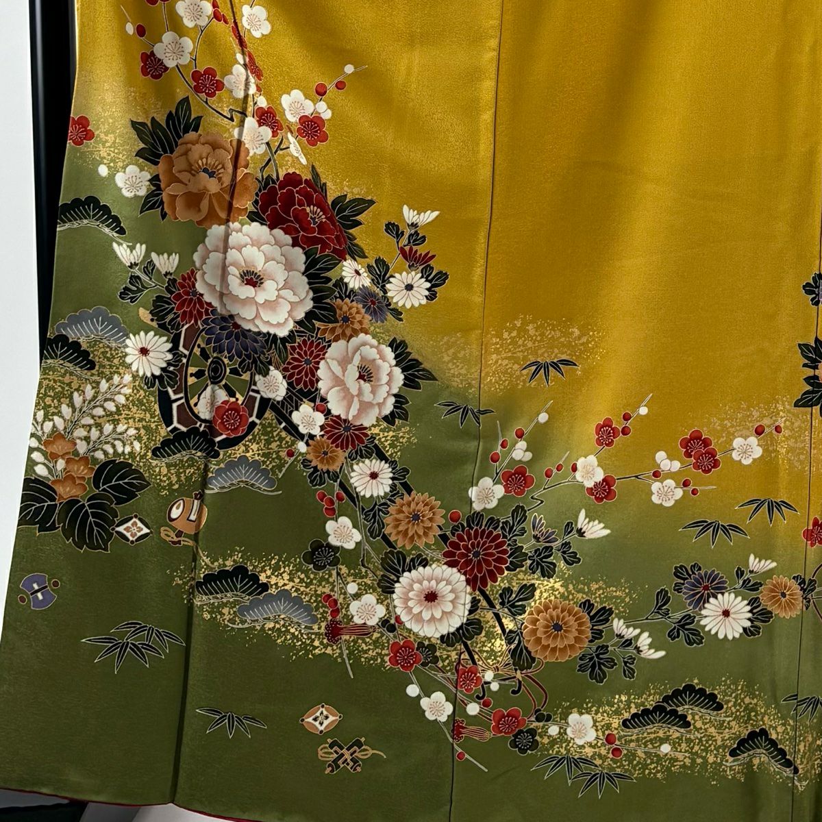 振袖禮服 身長165.5cm 袖長67cm M 雙層 花車 寶盡くし 金銀彩 漸層 山吹 純蠶絲 優品級