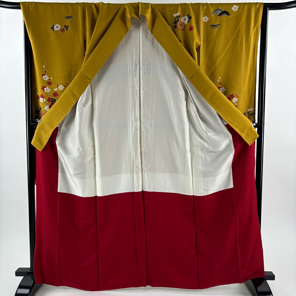 振袖禮服 身長165.5cm 袖長67cm M 雙層 花車 寶盡くし 金銀彩 漸層 山吹 純蠶絲 優品級